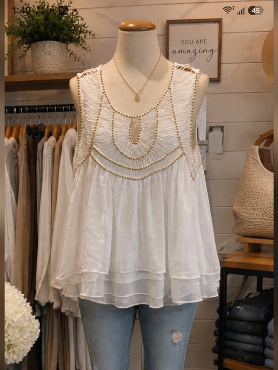 Ashley Stewart Tops - *White Embroidered Tiered Chiffon Tank Top Pit 22